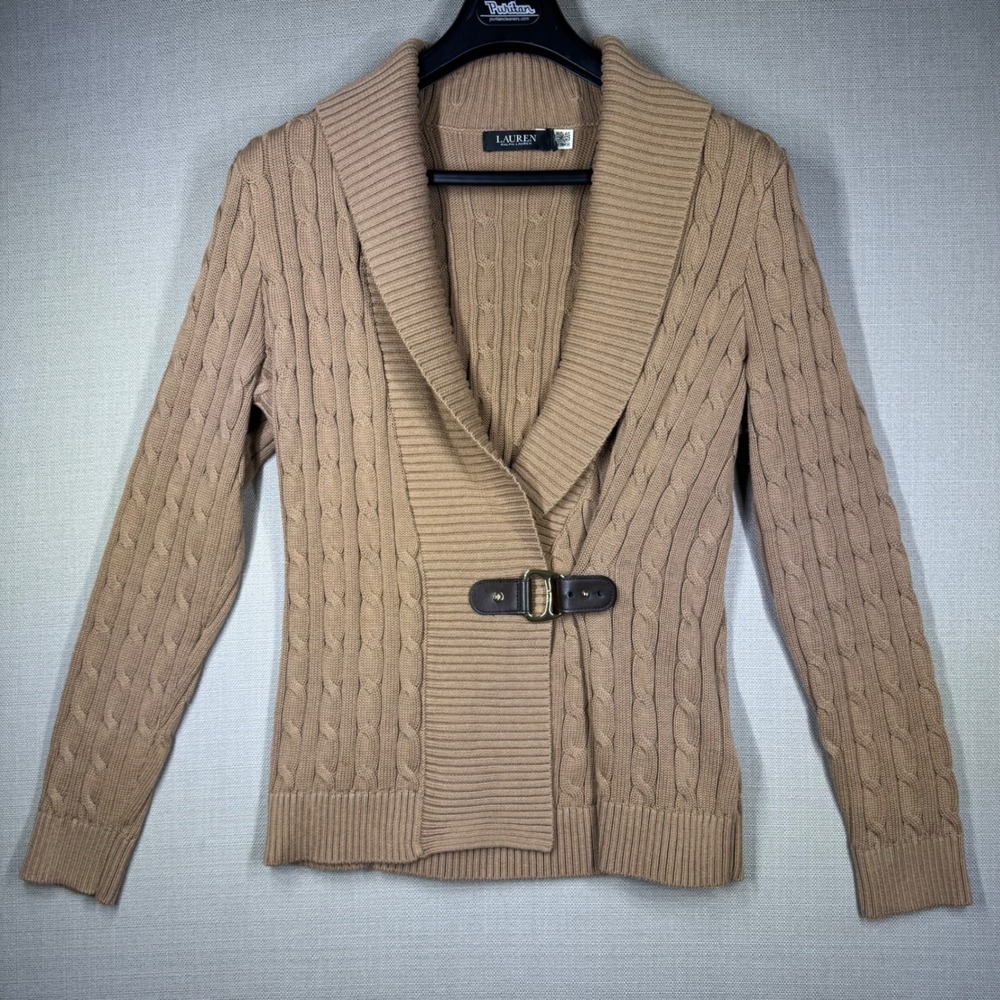 Lauren Ralph Lauren Womens Cable Knit Shawl Collar Cardigan Deep Tan Size XL